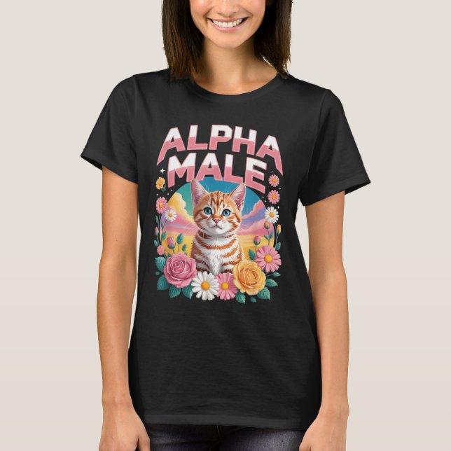 Camiseta Gato Tabby Divertido Macho Alfa Flores Arcoíris (Anverso)