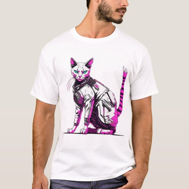 Camiseta Gato táctico del ciberpunk en el engranaje neón (Anverso)