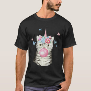 Camiseta Gato Tigre Atigrado Gris Con Feliz Unicornio De Ch