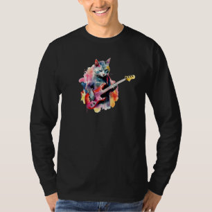 Camiseta Gato tocando bajo Guitarra Diseño Gráfico Acuarela
