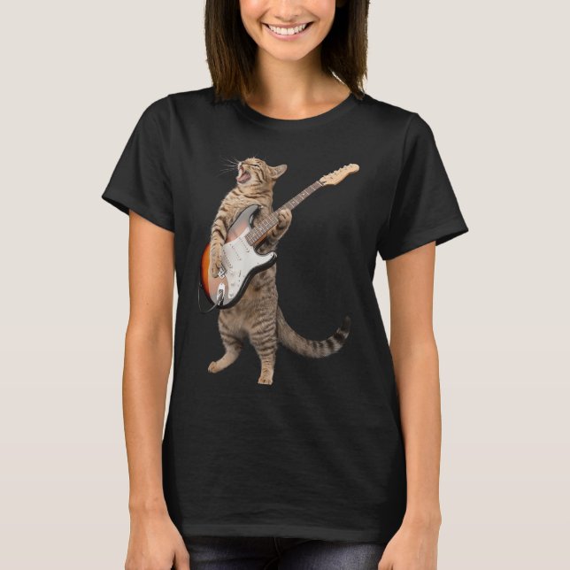Camiseta Gato Tocando Guitarra Niños Camisas Hombres Mujere (Anverso)