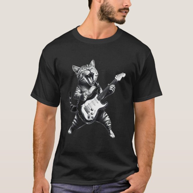 Camiseta Gato tocando guitarra Rock & Roll estrella gatito  (Anverso)