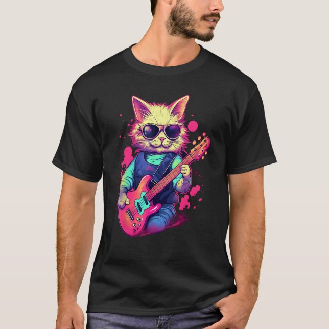 Camiseta Gato tocando guitarra Synthwave Guitarist Kitty (Anverso)