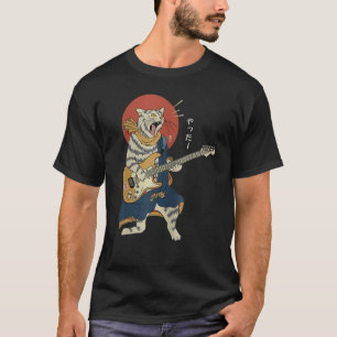 Camiseta Gato tocando guitarra Ukiyo E Samurái guerrero jap