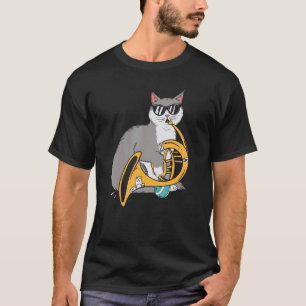 Camiseta Gato tocando música de trompa francesa gafas negra