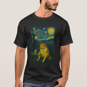 Camiseta Gato Triste de Cerveza en Noche Estrellada Fumando