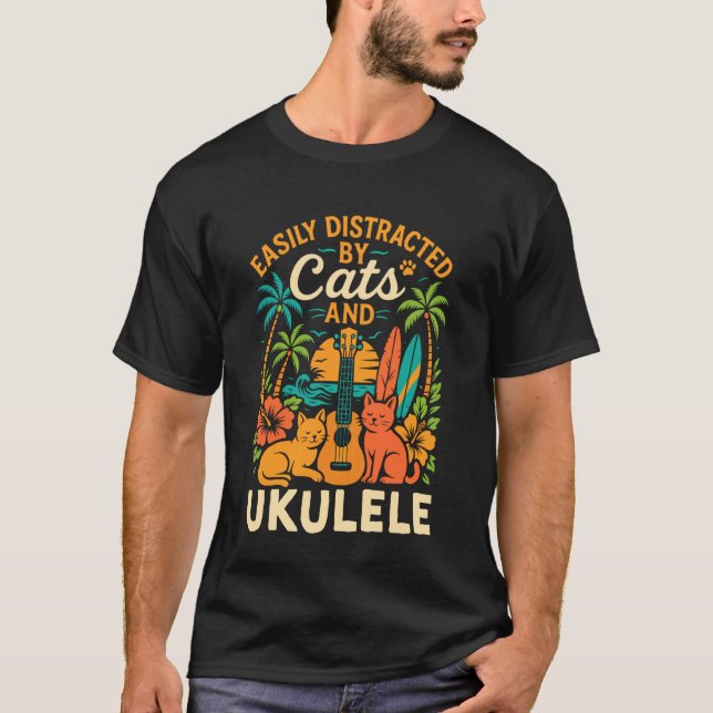 Camiseta Gato Ukelele Hawaiano Uke Fácilmente Distraído por (Anverso)