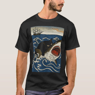 Camiseta Gato Ukiyo-E montando tiburón Retro Gato Negro Tib