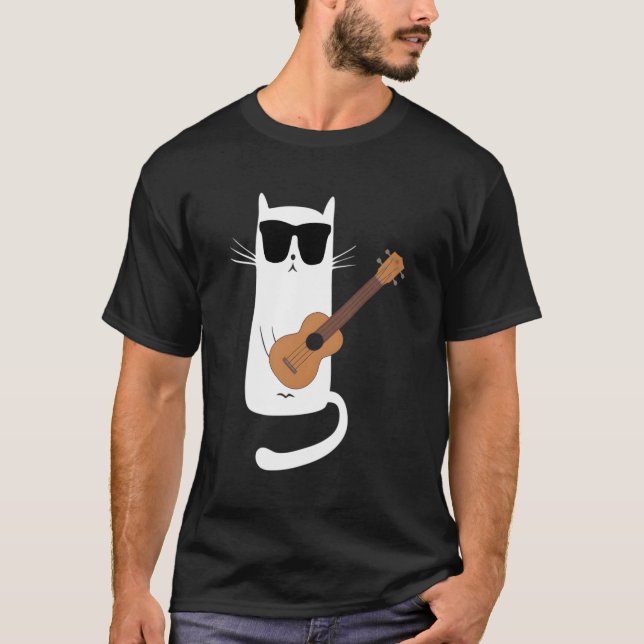 Camiseta Gato usando gafas de sol jugando a Ukulele (Anverso)