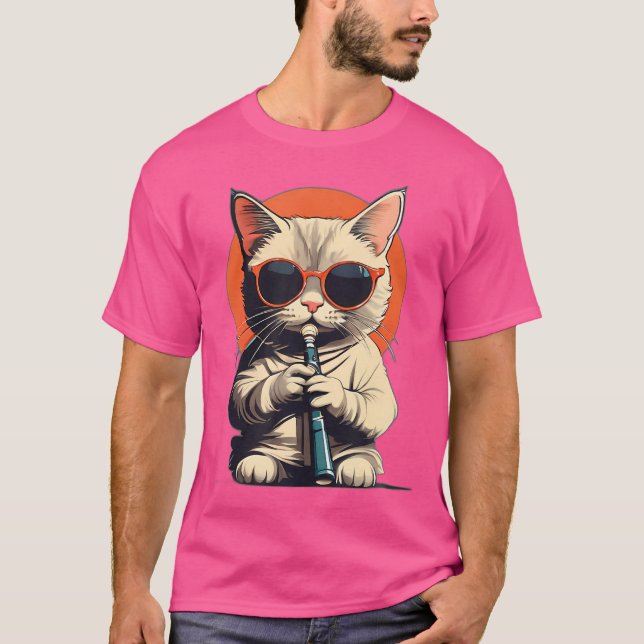 Camiseta Gato Usando Gafas De Sol Jugando Flute Funny Ca (Anverso)