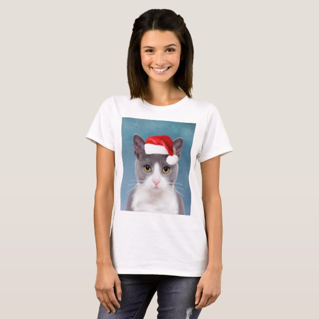 Camiseta Gato usando retrato de Navidades de Santa Hat (Anverso completo)