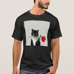 Camiseta Gato Valentine Amor ROSA FLOR Para Mujeres