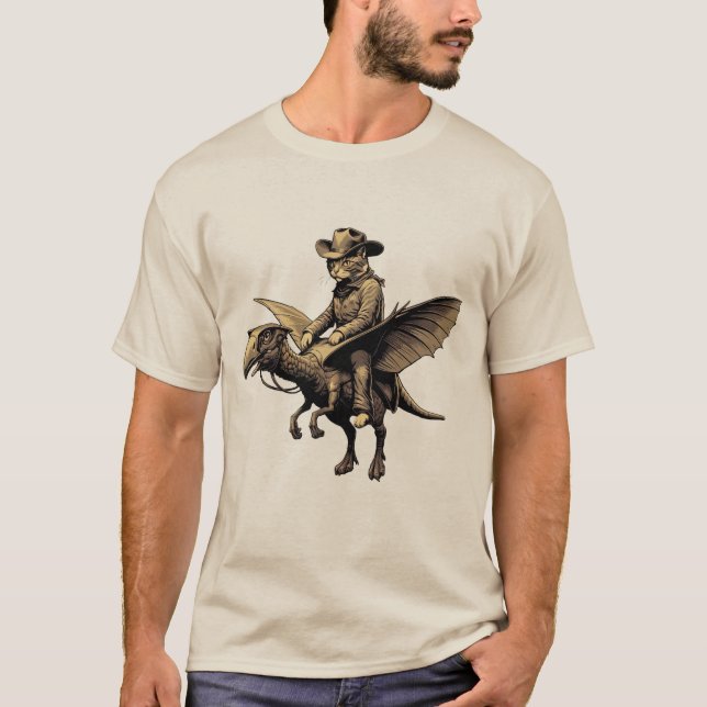 Camiseta Gato vaquero montando dinosaurio Chaeopteryx vinta (Anverso)