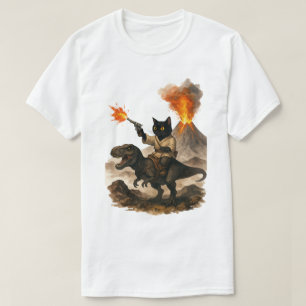 Camiseta Gato Vaquero Negro Épico Montando Dinosaurio con V