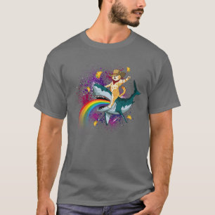 Camiseta Gato Vaquero Occidental Montando Un Tiburón En El