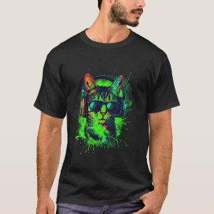 Camiseta gato verde DJ con auriculares y gafas de sol gatit