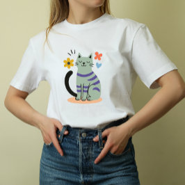Camiseta Gato Verde Salvia Boho Floral Arte de Mitad de Sig