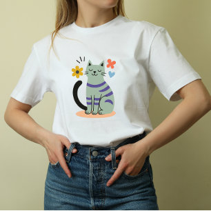 Camiseta Gato Verde Salvia Boho Floral Arte de Mitad de Sig