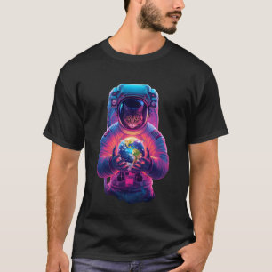 Camiseta Gato Viajero Lunar Sosteniendo Tierra en Manos Div