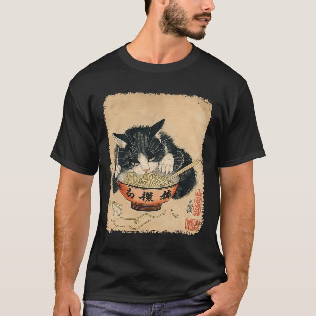 Camiseta Gato vintage comiendo fideos Ramen Otaku Japa (Anverso)