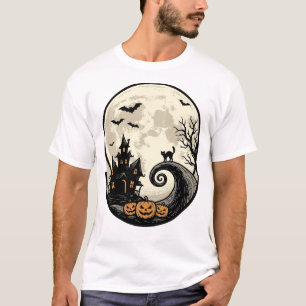 Camiseta Gato vintage de Halloween Luna Casa embrujada Vect