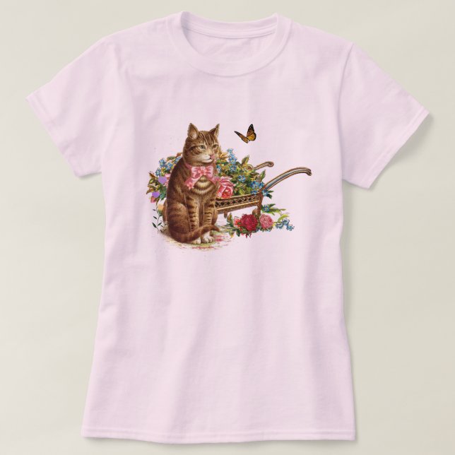 Camiseta Gato Vintage y Rosas Rosa (Diseño del anverso)