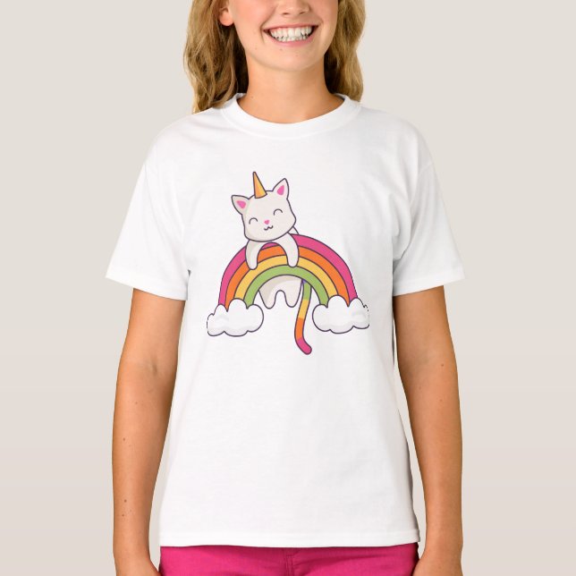 Camiseta Gato y arcoiris adorables de unicornio (Anverso)