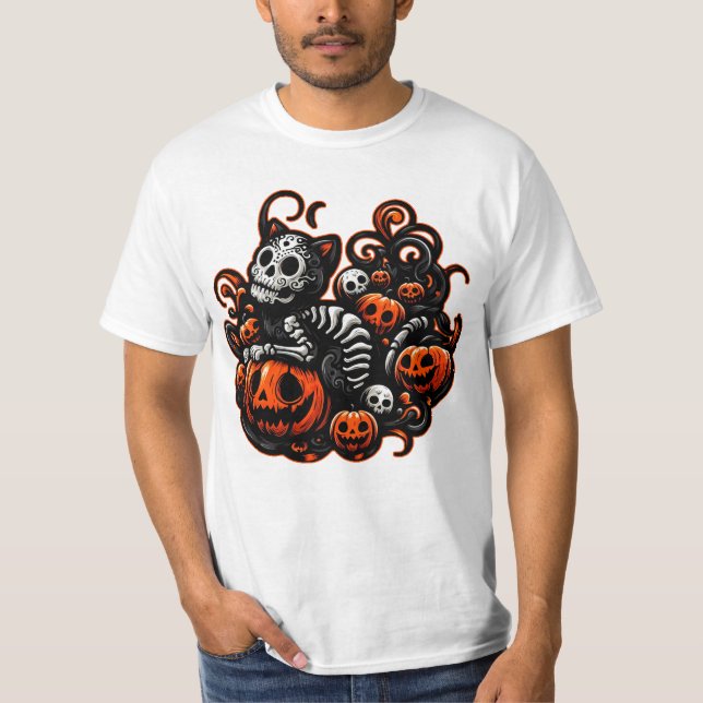 Camiseta Gato y calabazas fantasmales (Anverso)