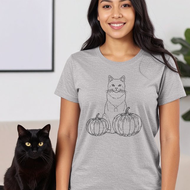 Camiseta Gato Y Calabazas Línea Mínima Arte Cuta Halloween (Disclaimer: This image is a digital mockup.)