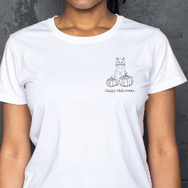 Camiseta Gato Y Calabazas Línea Mínima Arte Feliz Halloween