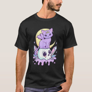 Camiseta Gato y calavera kawaii pastel gótico lindo espeluz