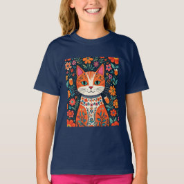 Camiseta Gato y flores de arte folclórico caprichosos