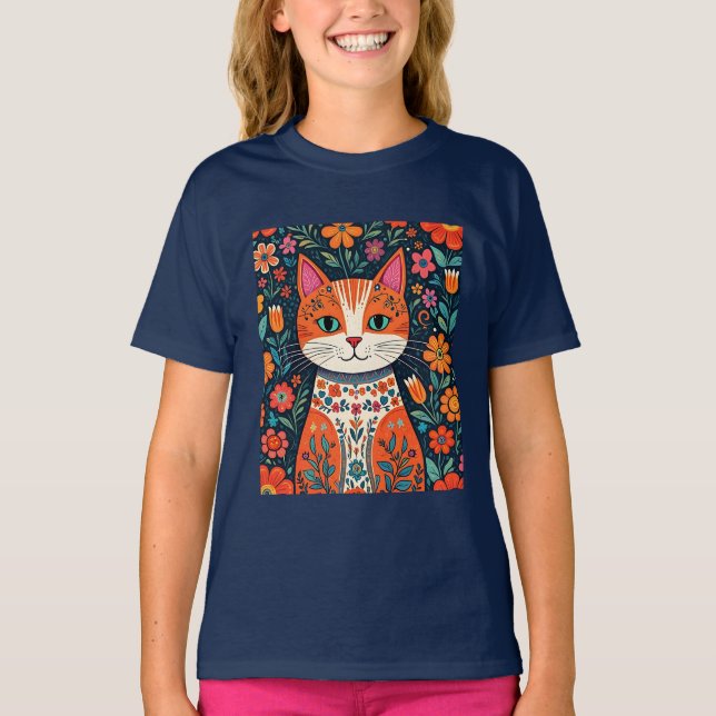 Camiseta Gato y flores de arte folclórico caprichosos (Anverso)