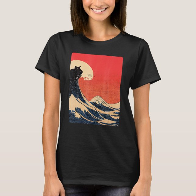 Camiseta Gato Y Gran Ola De La Estética Japonesa De Kanagaw (Anverso)
