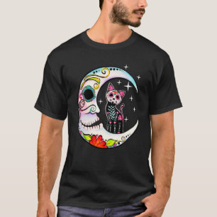 Camiseta Gato y Luna Cráneo de Azúcar Día de Muertos Dia de