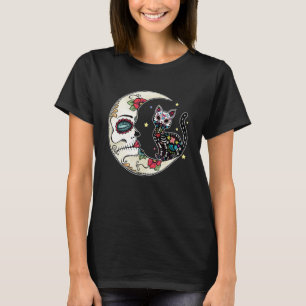 Camiseta Gato Y Luna Cráneo De Azúcar Dia De Muertos Día De