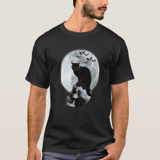 Camiseta Gato y Luna de Cráneo Gótico Gráfico Espeluznante