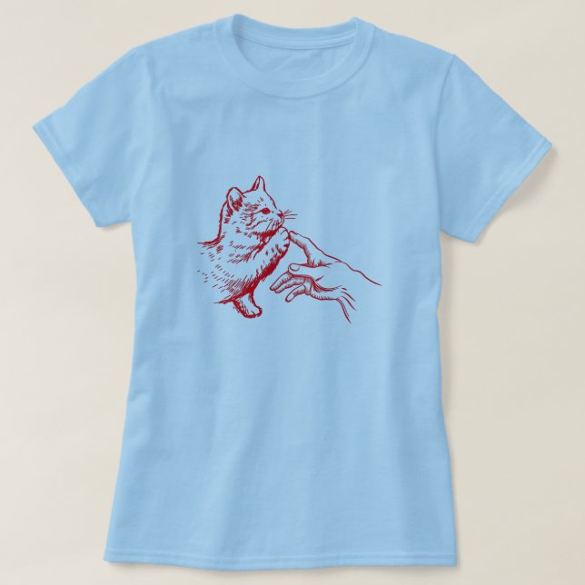 Camiseta Gato y mano humana toque arte caprichoso (Diseño del anverso)
