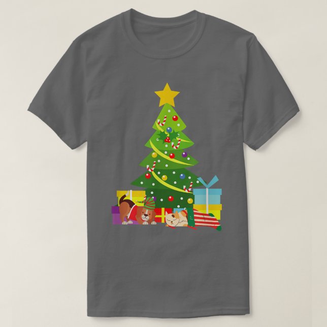 Camiseta Gato y perro navidades bajo el árbol de Navidad (Diseño del anverso)