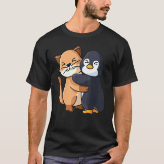 Camiseta Gato y pingüino, lindo animal, abrazando para muje