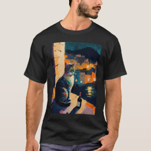 Camiseta gato y vino de las mujeres