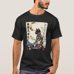 Camiseta Gato Zen Japonés Geisha Kimono Luna Creciente Retr
