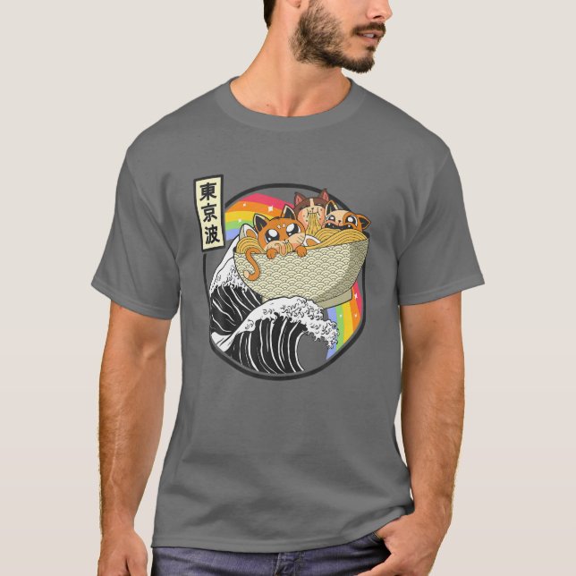 Camiseta Gatos bonitos comiendo Ramen Kanagawa Wave Kawaii  (Anverso)