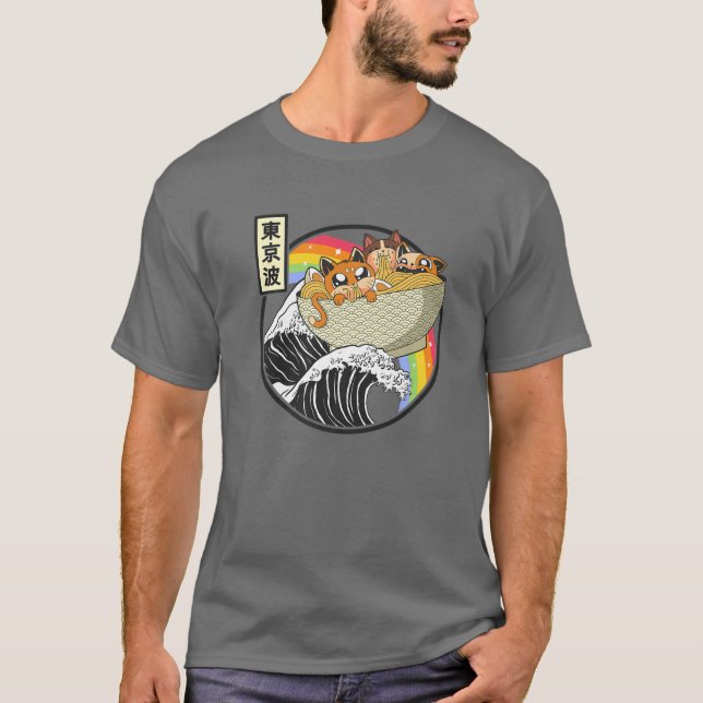 Camiseta Gatos bonitos comiendo Ramen Kanagawa Wave Kawaii  (Anverso)