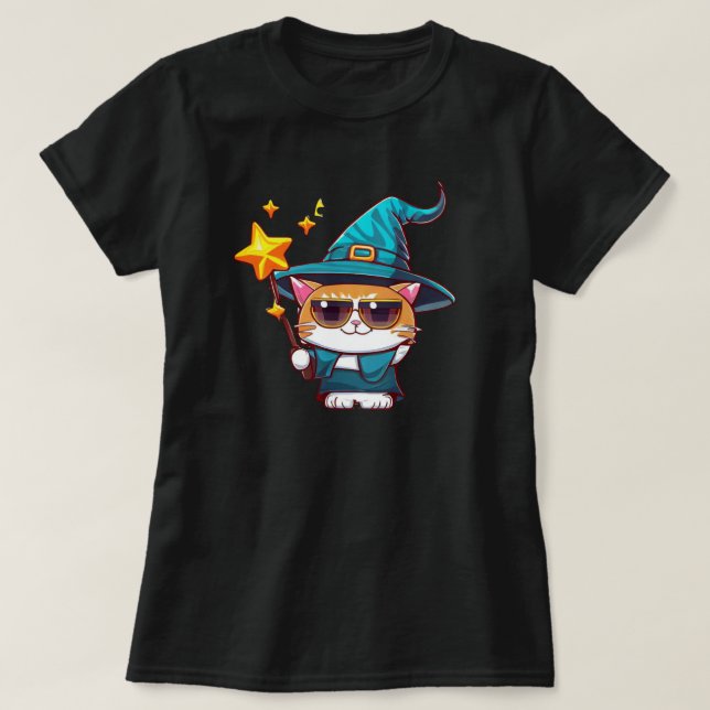 Camiseta Gatos brujos de Halloween sostienen estrellas de v (Diseño del anverso)