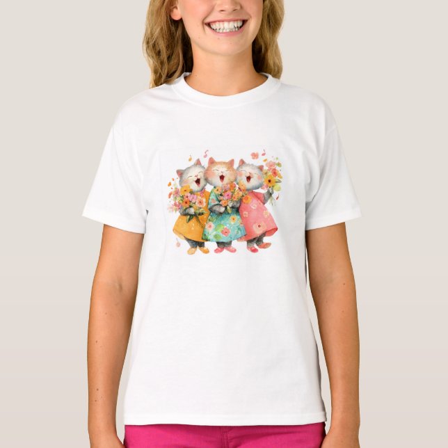 Camiseta Gatos Cantando con Ramos de Flores (Anverso)