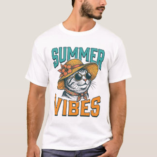 Camiseta Gatos con Vibraciones de Verano Diseño de Grabado