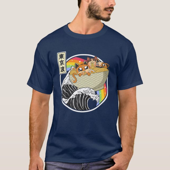 Camiseta Gatos Cuidados Comen Ramen Kanagawa Wave Arcoiris  (Anverso)