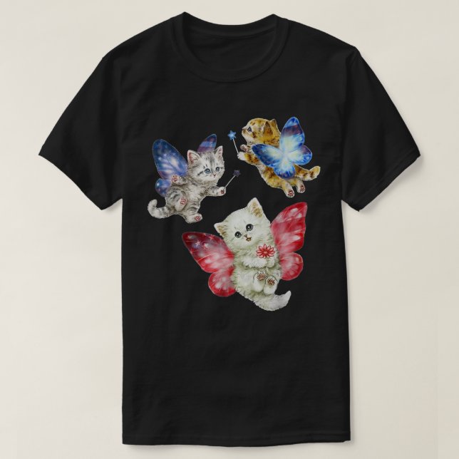 Camiseta Gatos Cuidados De Hadas Gatos Gatitos Volando Una  (Diseño del anverso)