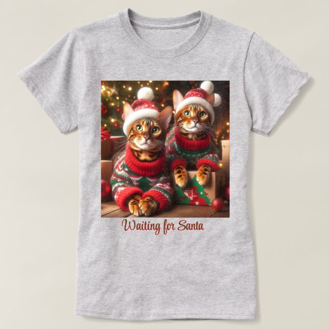 Camiseta Gatos de Bengala esperando a Santa Claus (Diseño del anverso)